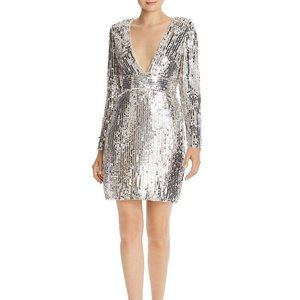 NWT Aidan Mattox Vneck long sleeve sequin silver champagne sheath dress Multi sz